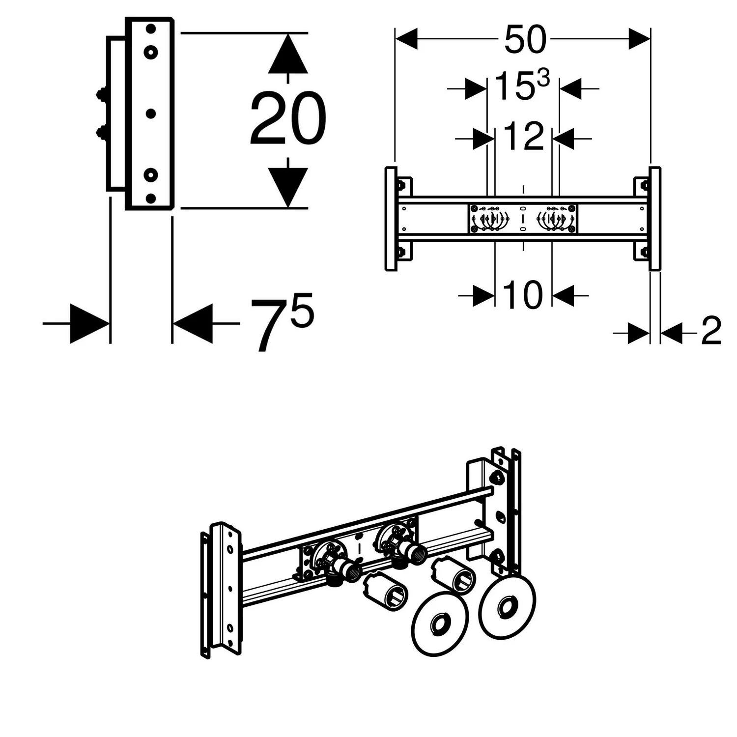 Rysunek techniczny systemu Duofix z wymiarami, Geberit