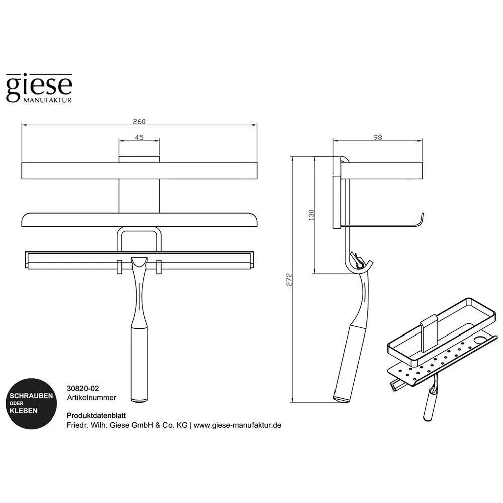 Rysunek techniczny kosza prysznicowego z uchwytem, Giese