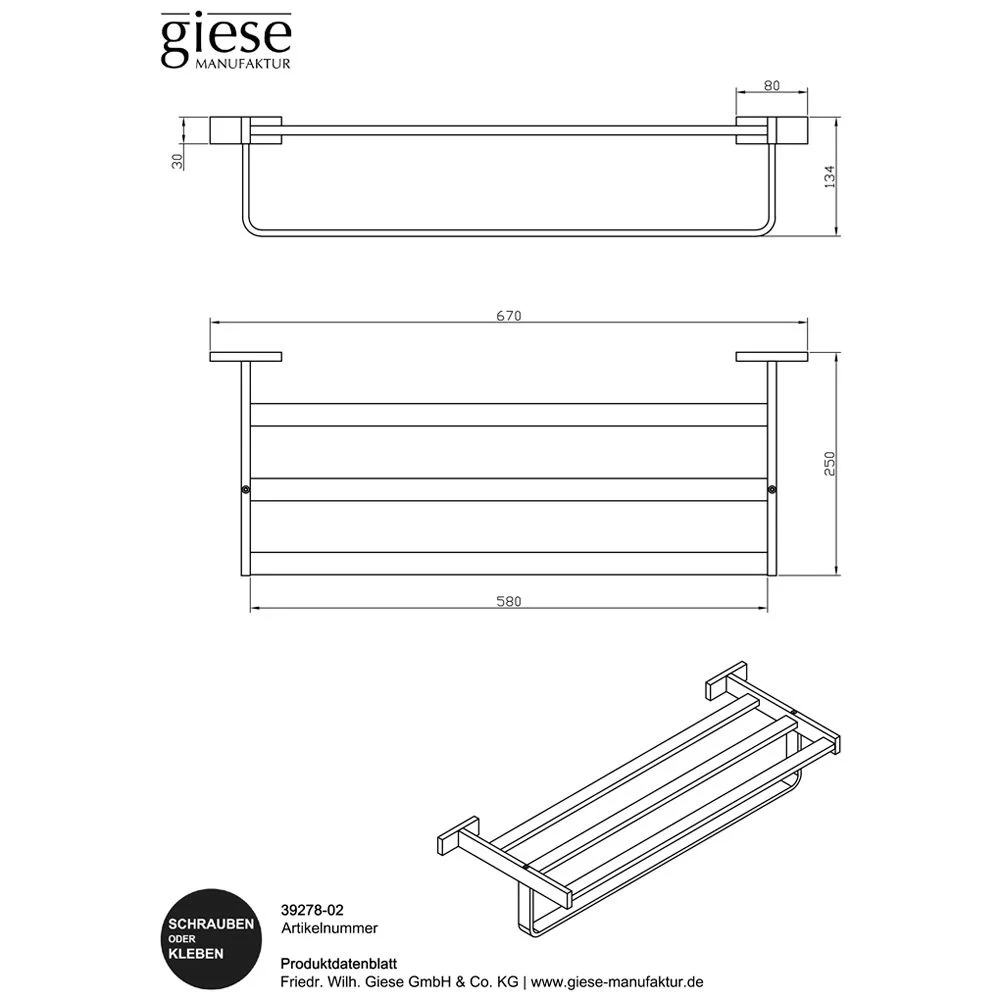 Rysunek techniczny półki na ręczniki z góry, Giese