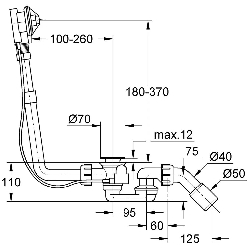 Rysunek techniczny systemu odpływowego z wymiarami, Grohe