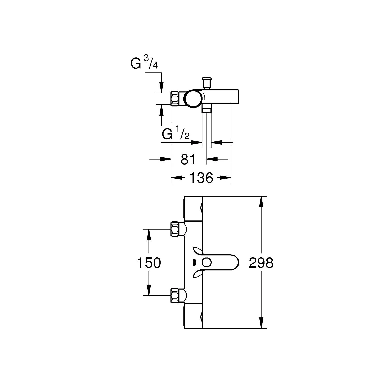 Rysunek wymiarowy baterii termostatycznej Grohe, Grohe