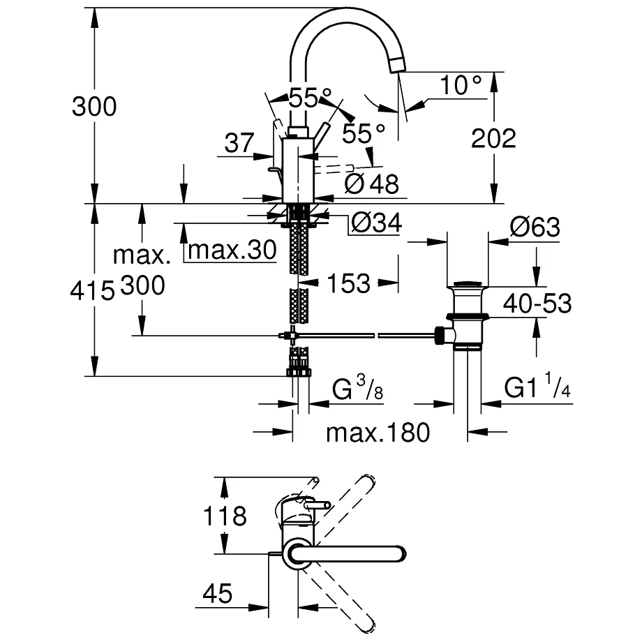 Rysunek techniczny baterii umywalkowej z wymiarami, Grohe