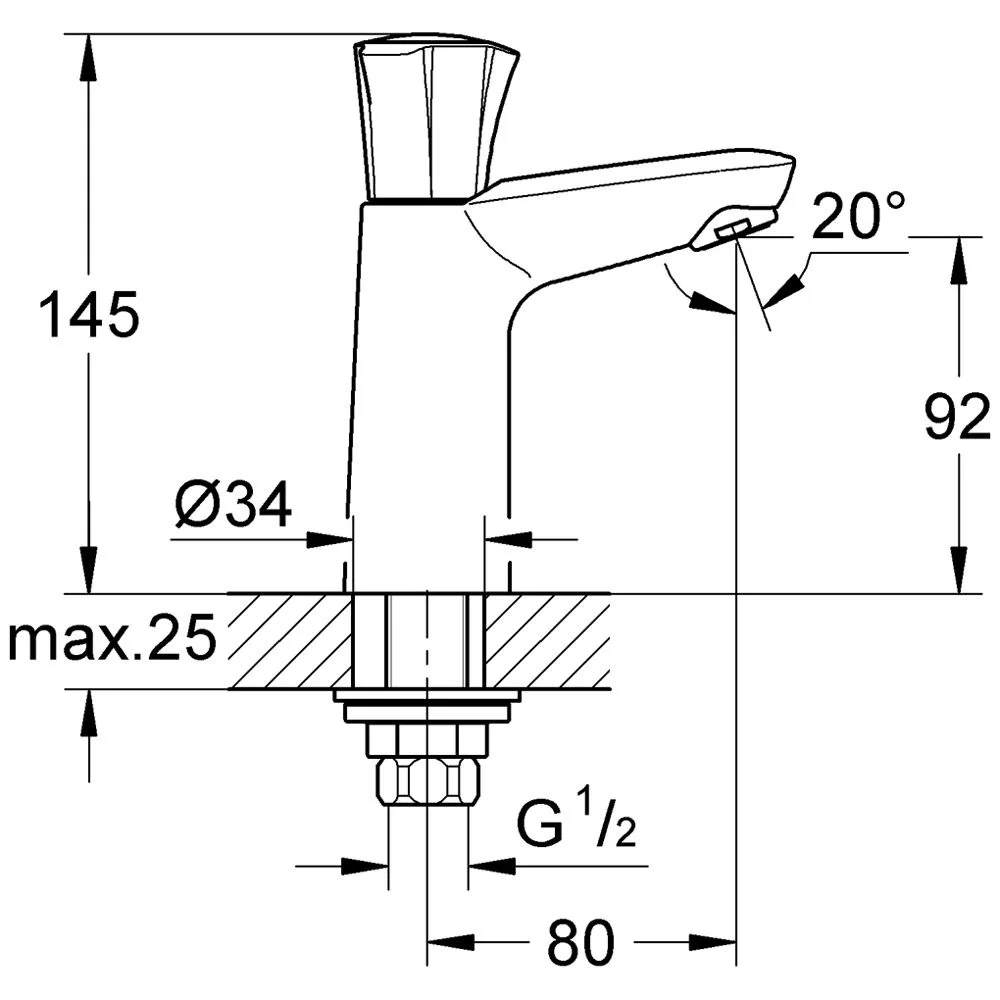 Rysunek techniczny zaworu stojącego z wymiarami, Grohe