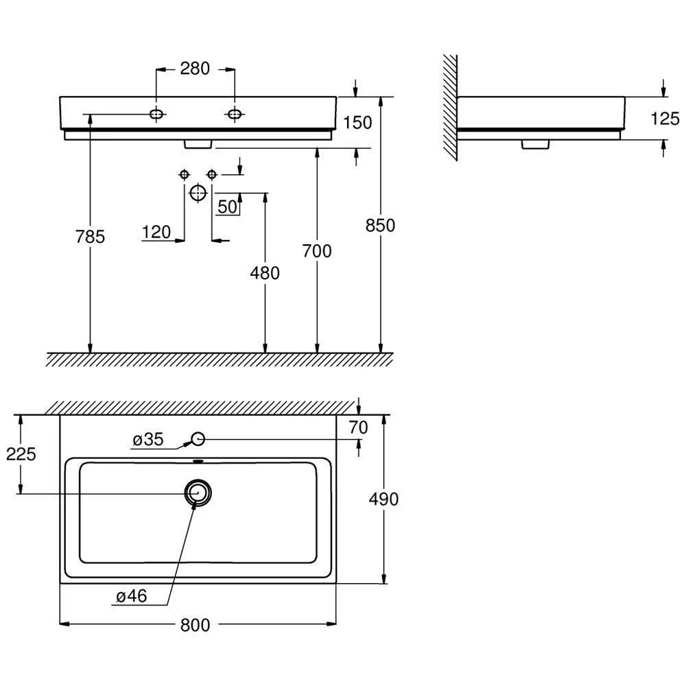 Rysunek techniczny umywalki z wymiarami, Grohe