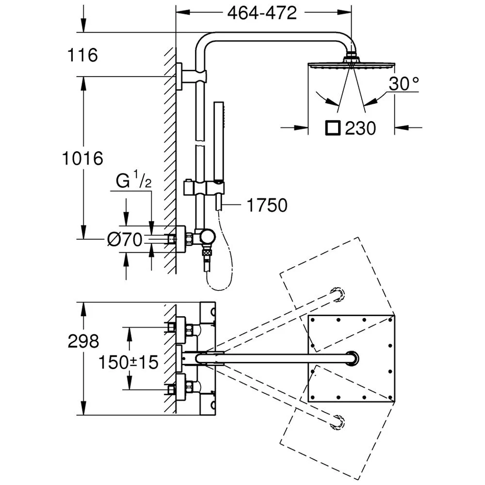 Rysunek techniczny systemu prysznicowego z wymiarami, Grohe