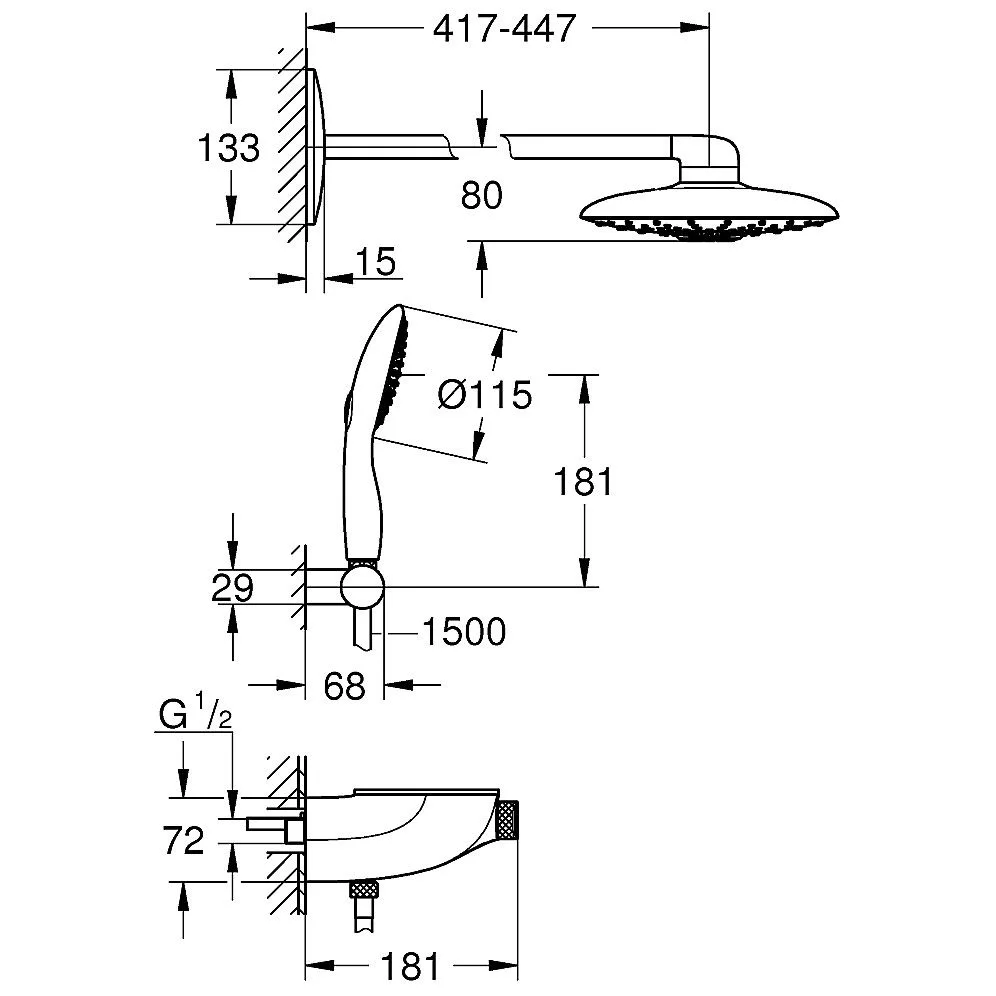 Rysunek techniczny systemu prysznicowego z wymiarami, Grohe
