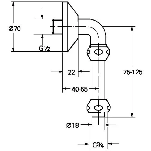 Rysunek techniczny kolana wylotowego z wymiarami, Grohe