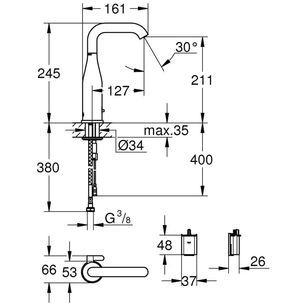 Rysunek techniczny kranu z wymiarami, Grohe