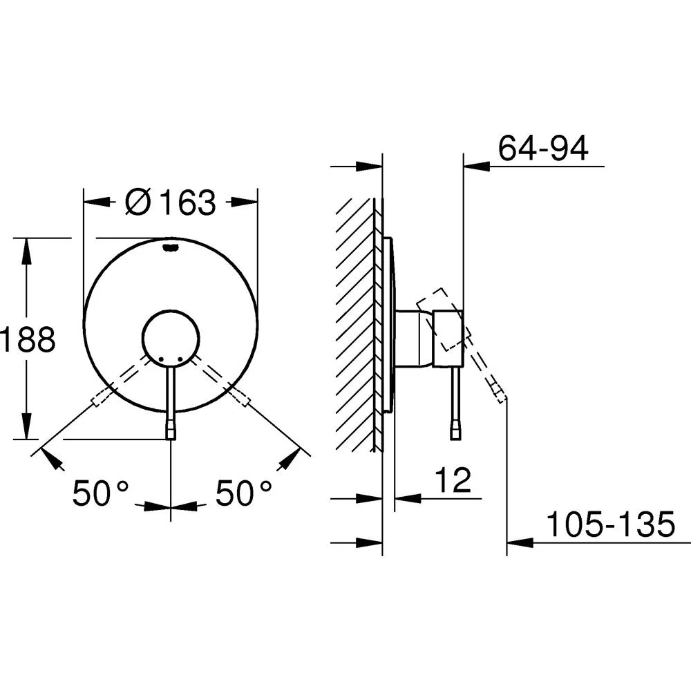 Rysunek techniczny baterii prysznicowej z wymiarami, Grohe