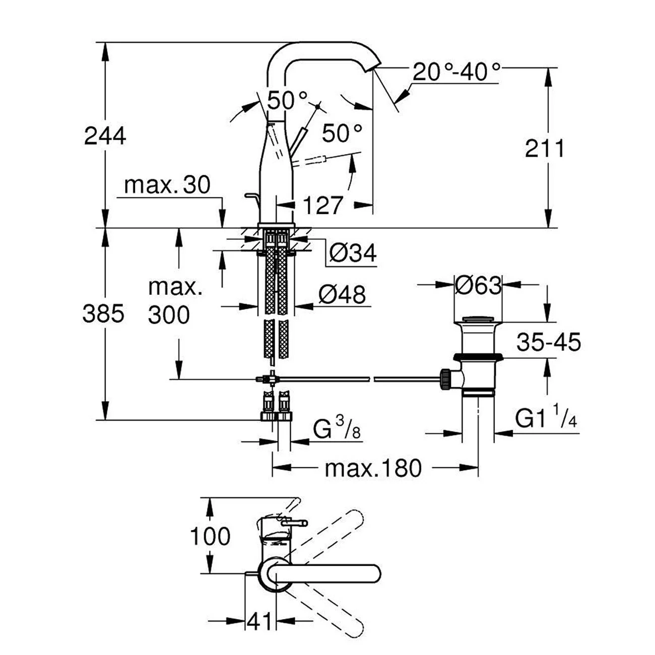 Rysunek techniczny kranu z wymiarami, Grohe