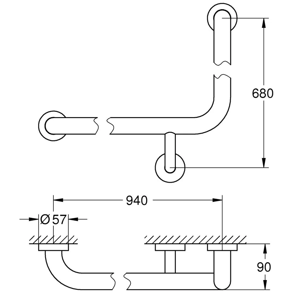Rysunek techniczny uchwytu kątowego z wymiarami, Grohe