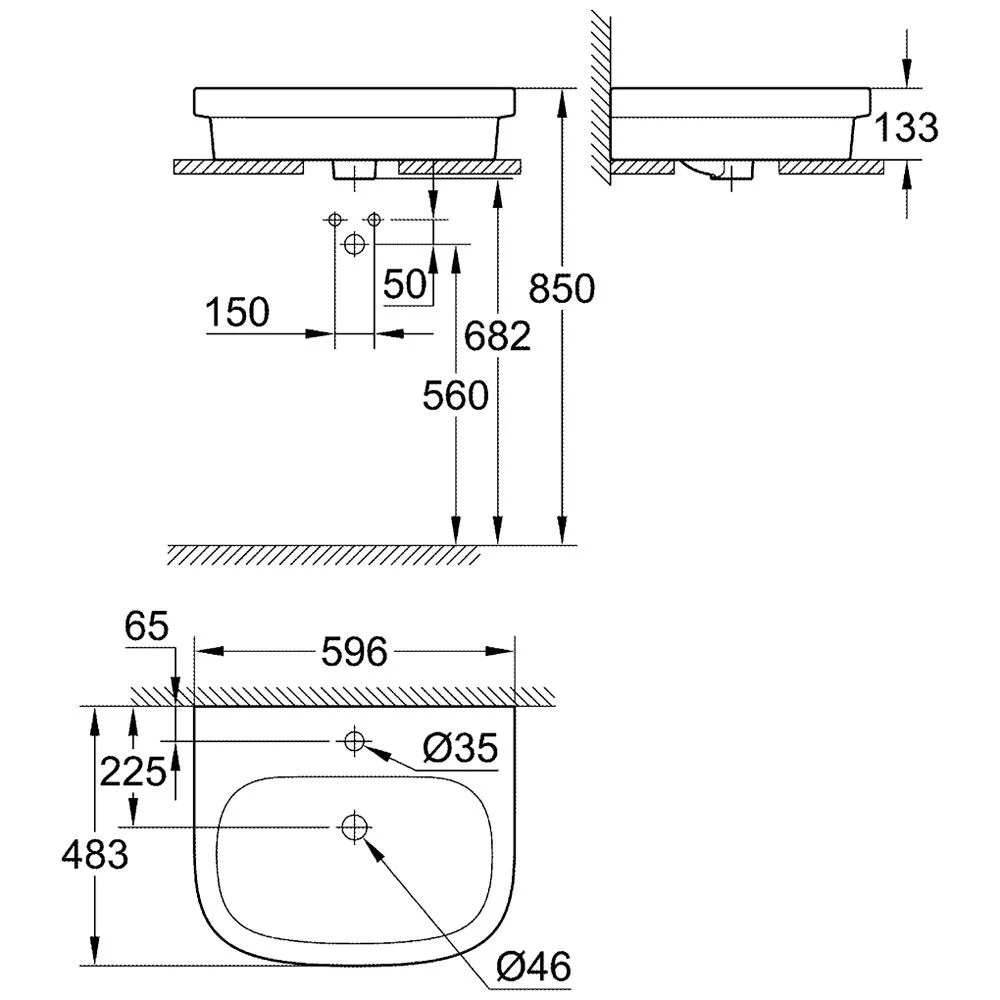 Rysunek techniczny umywalki nablatowej z wymiarami, Grohe