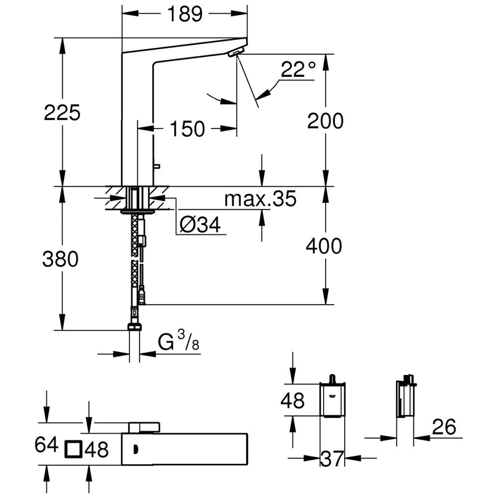 Rysunek techniczny kranu z wymiarami, Grohe