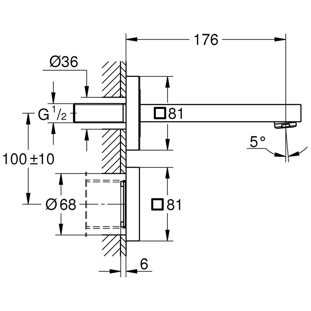 Rysunek techniczny kranu z wymiarami, Grohe