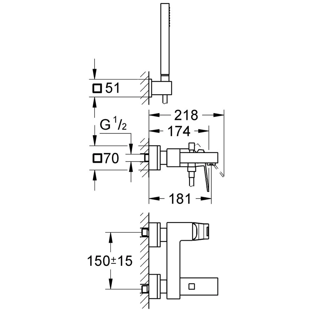Rysunek techniczny baterii wannowej z wymiarami, Grohe