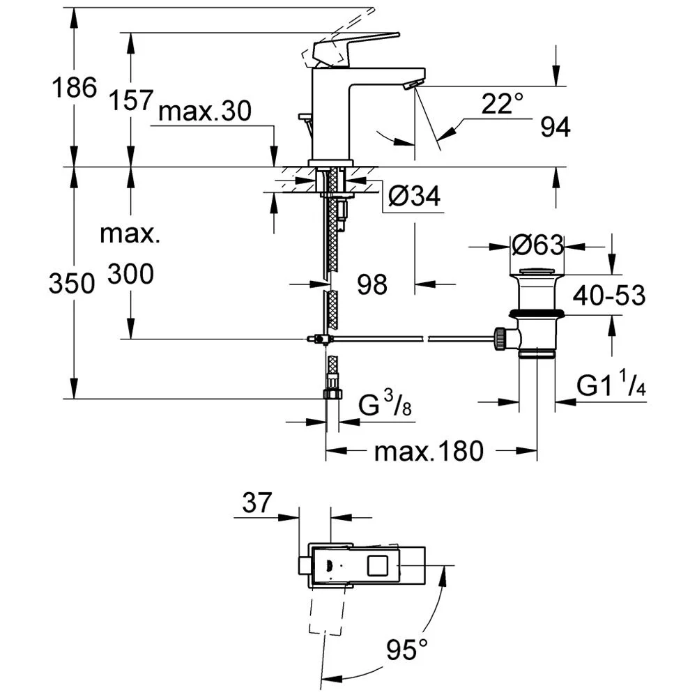 Rysunek techniczny umywalki z wymiarami, Grohe