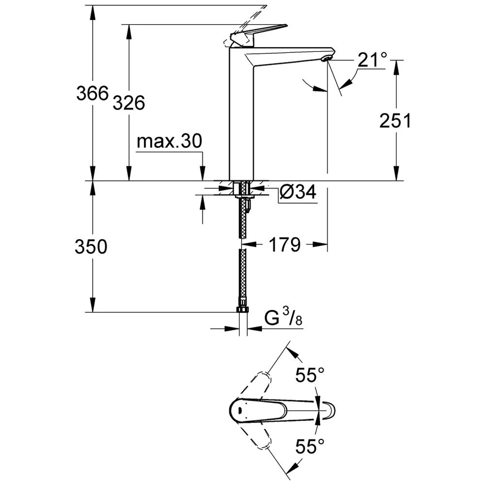 Rysunek techniczny baterii umywalkowej z wymiarami, Grohe