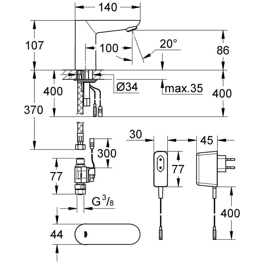 Rysunek techniczny baterii umywalkowej z wymiarami, Grohe