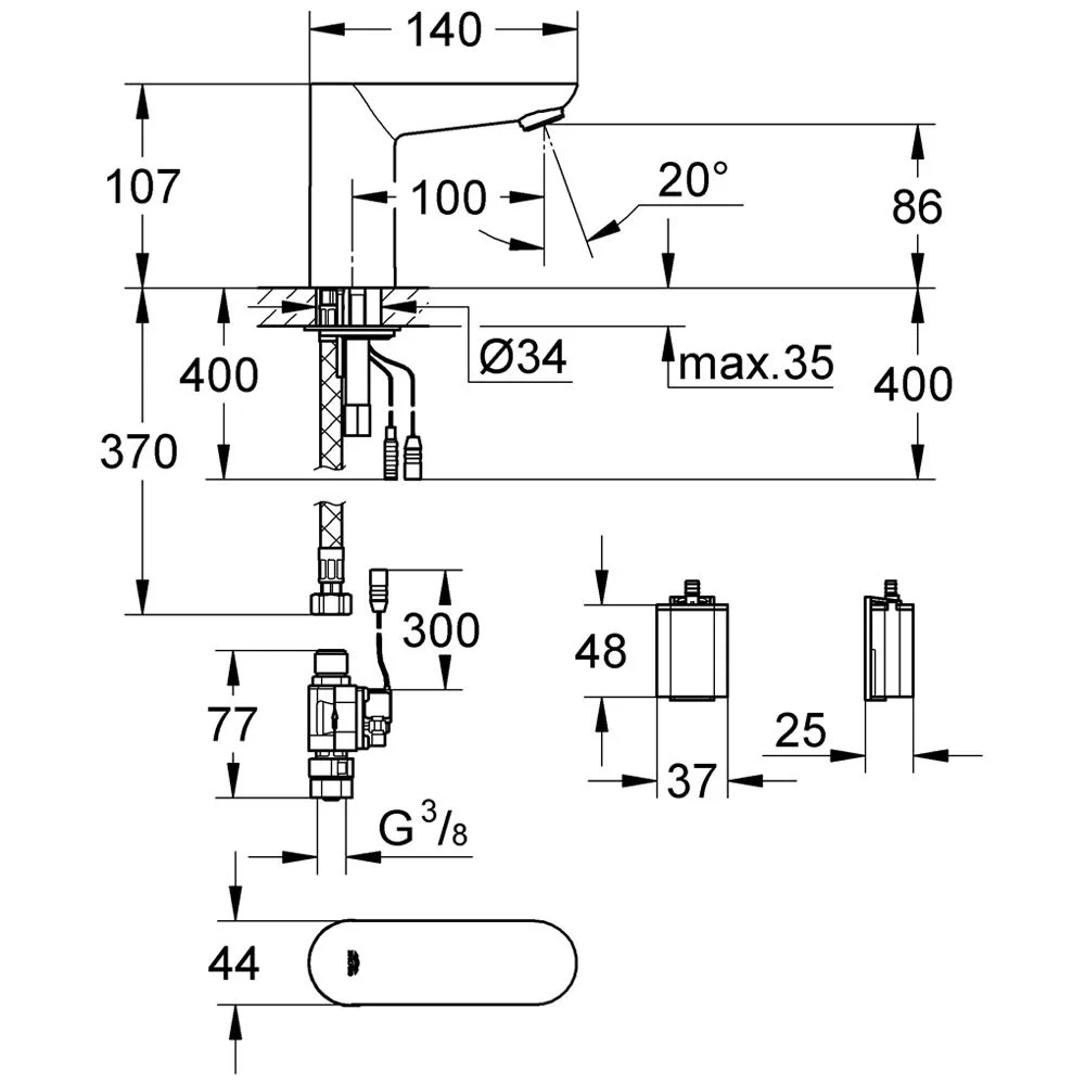 Rysunek techniczny baterii umywalkowej z wymiarami, Grohe