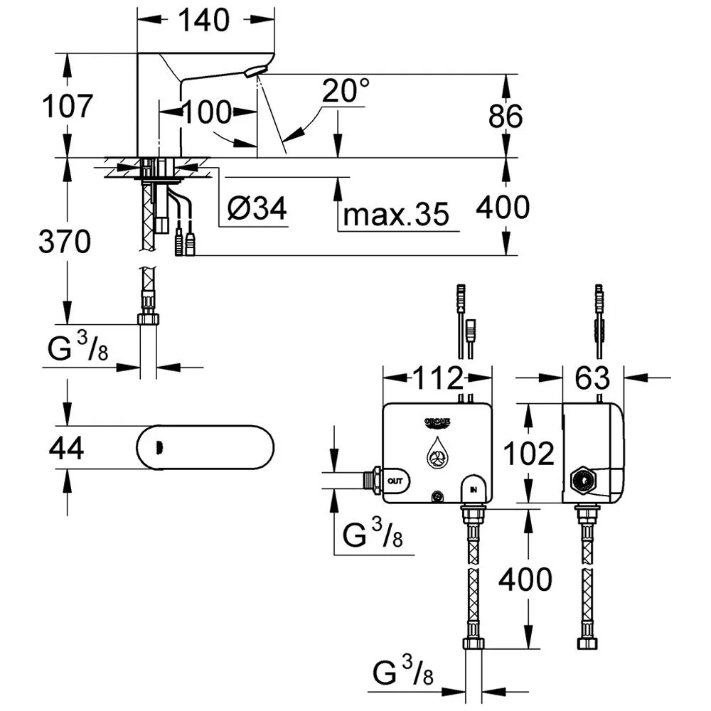 Rysunek techniczny baterii umywalkowej z wymiarami, Grohe