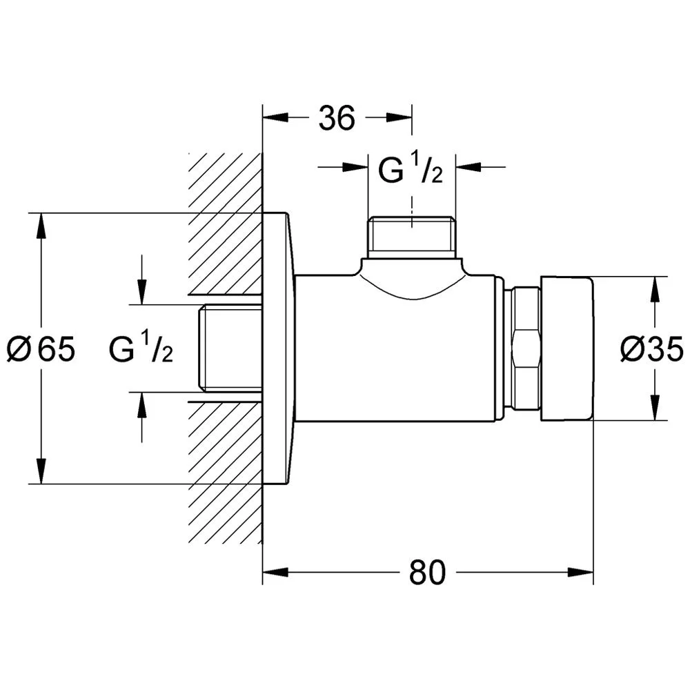 Rysunek techniczny zaworu prysznicowego z wymiarami, Grohe