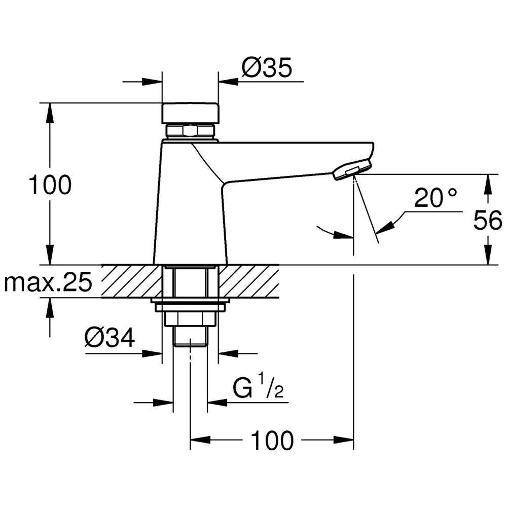 Rysunek techniczny baterii umywalkowej z wymiarami, Grohe
