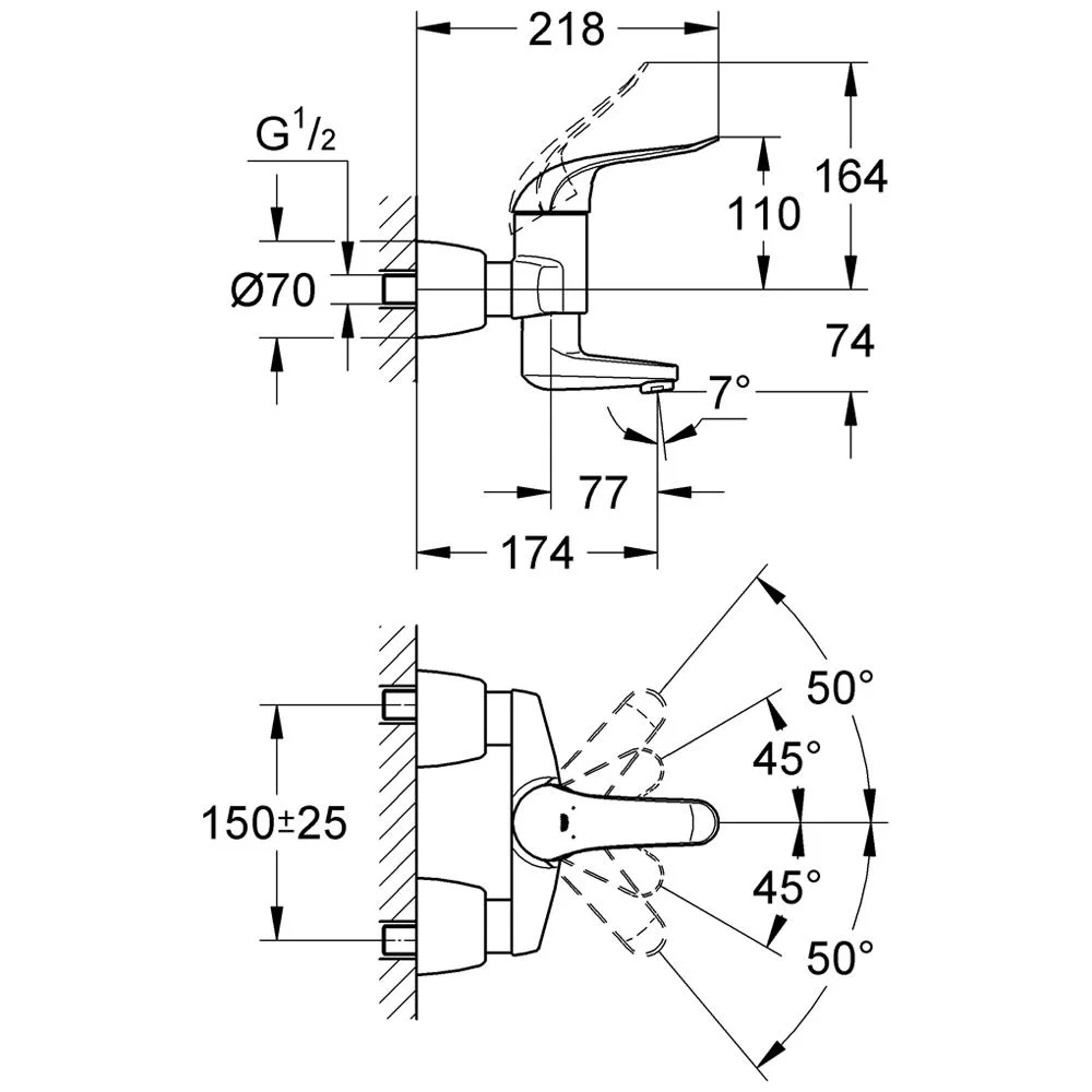 Rysunek techniczny kranu z wymiarami, Grohe