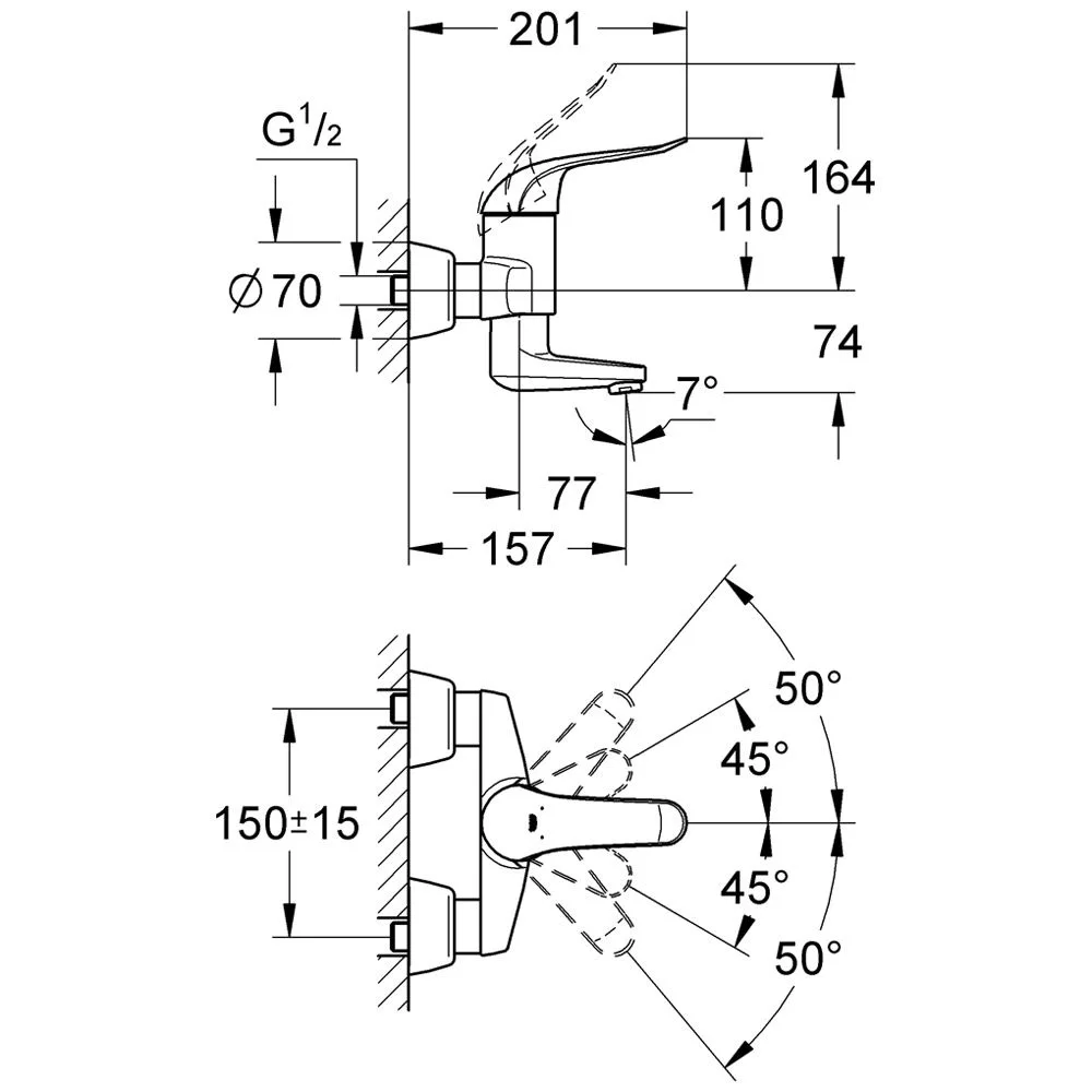 Rysunek techniczny kranu z wymiarami, Grohe