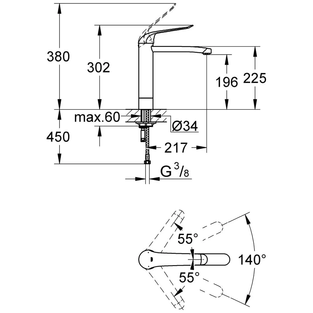 Rysunek techniczny baterii umywalkowej z wymiarami, Grohe