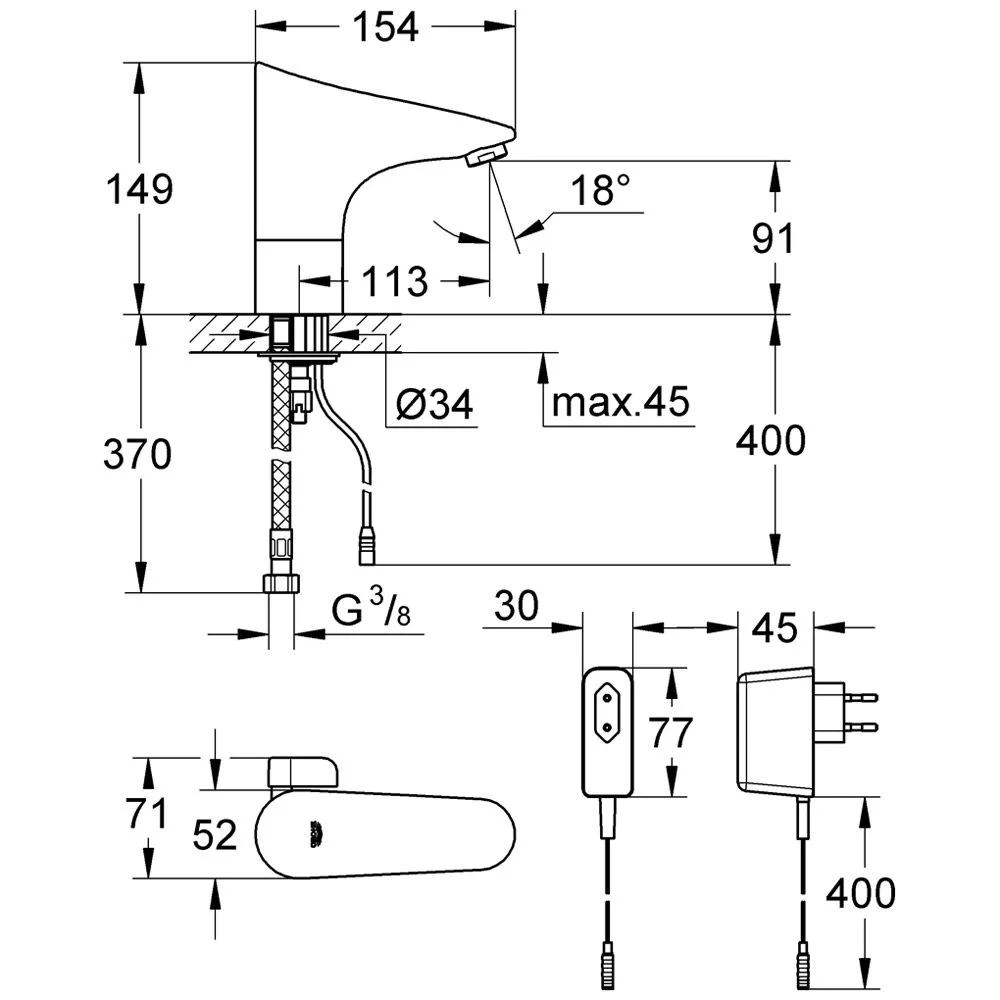 Rysunek techniczny baterii umywalkowej z wymiarami, Grohe