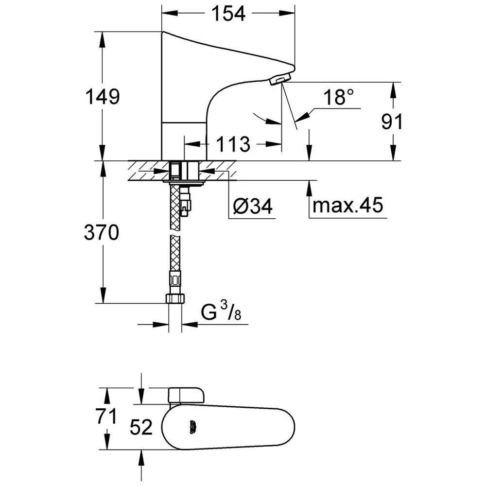 Rysunek techniczny baterii umywalkowej z wymiarami, Grohe