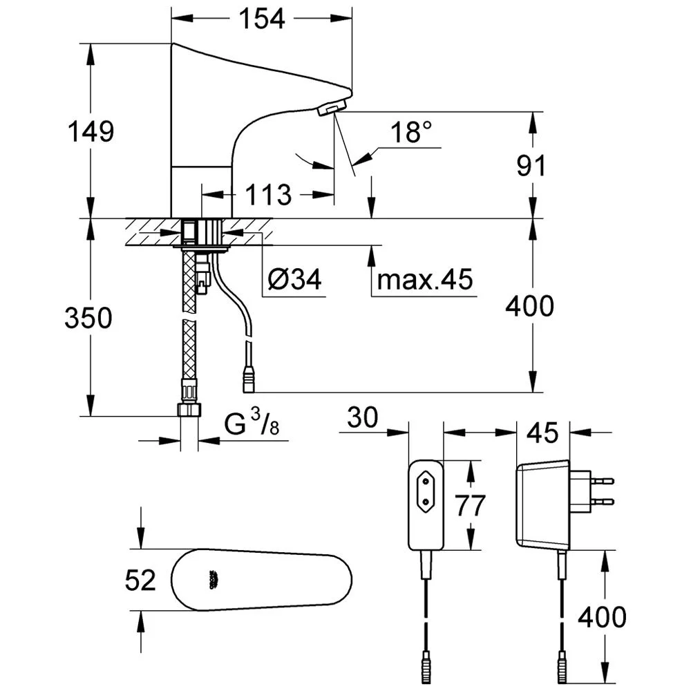 Rysunek techniczny baterii umywalkowej z wymiarami, Grohe