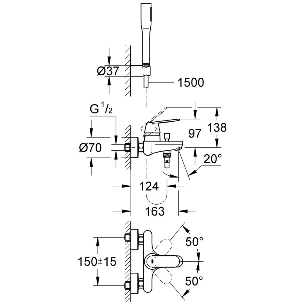 Rysunek techniczny baterii wannowej z wymiarami, Grohe