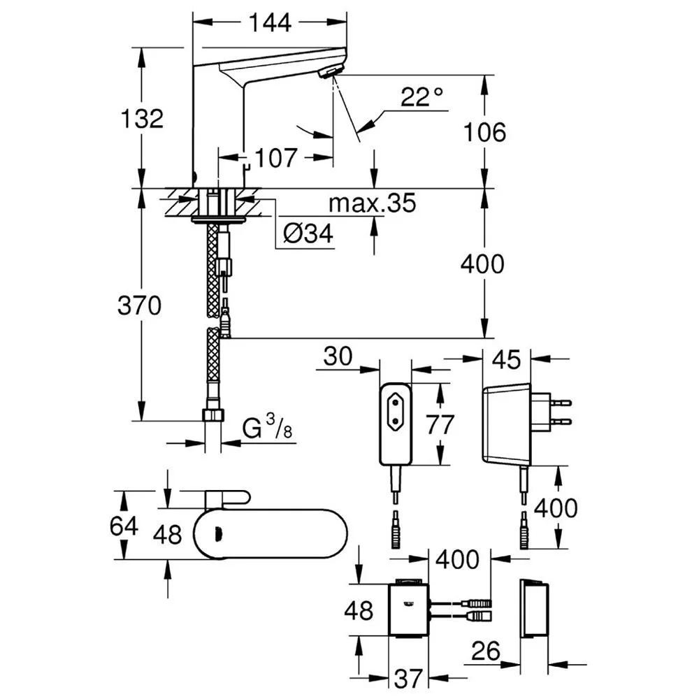 Rysunek techniczny baterii z wymiarami, Grohe