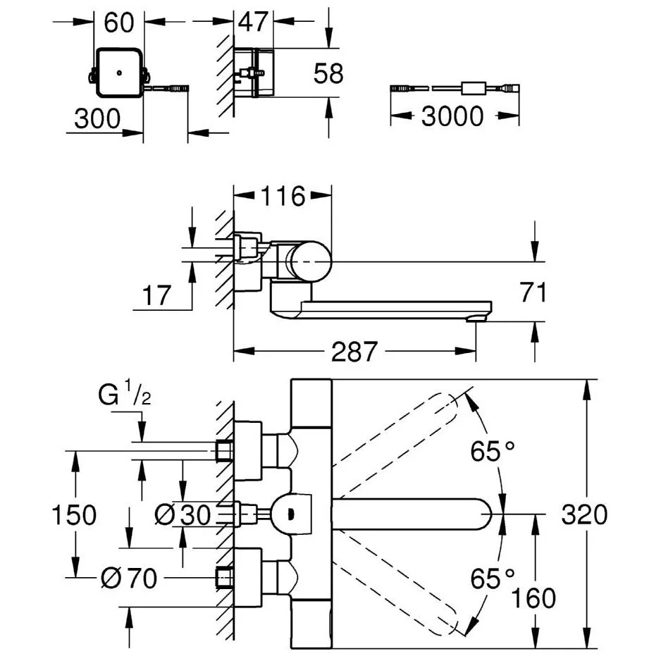 Rysunek techniczny umywalki z wymiarami, Grohe