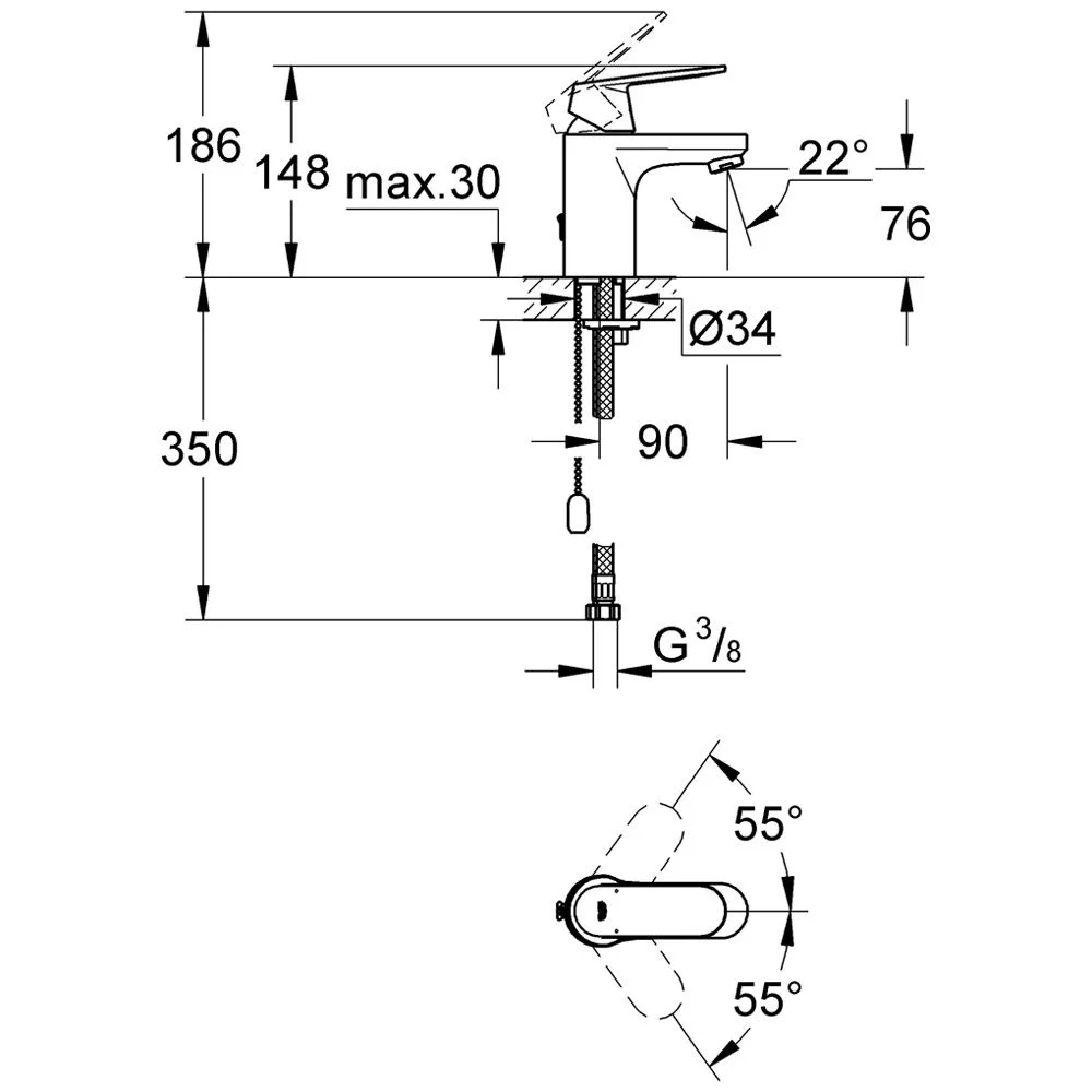 Rysunek techniczny baterii umywalkowej z wymiarami, Grohe