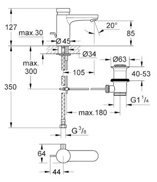 Rysunek techniczny baterii umywalkowej, Grohe