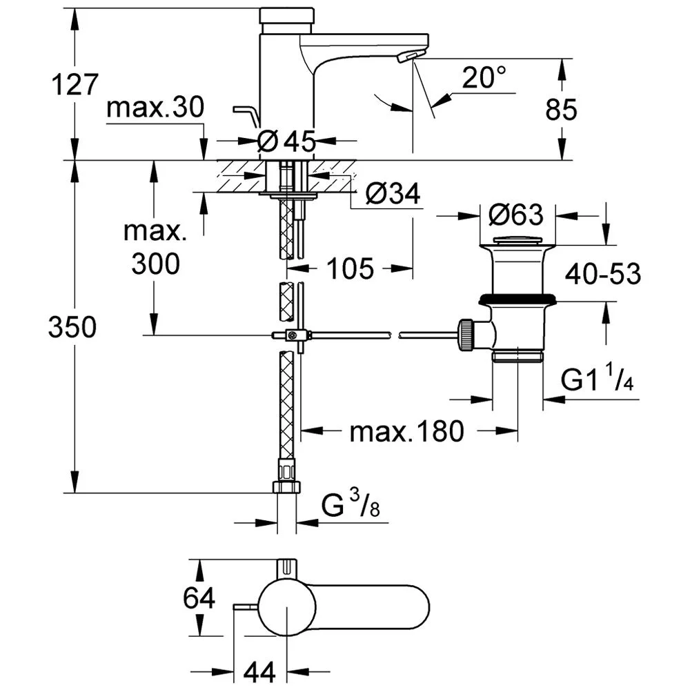 Rysunek techniczny umywalki z wymiarami, Grohe