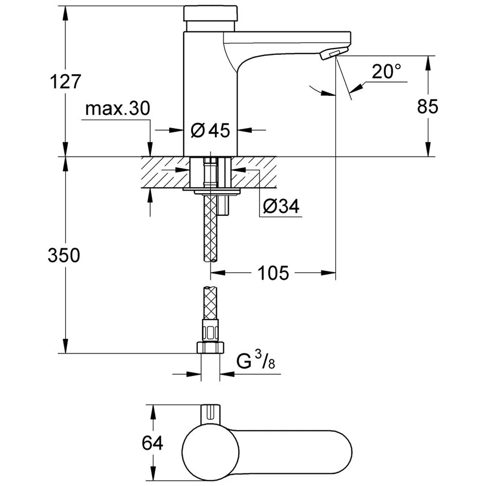 Rysunek techniczny umywalki z wymiarami, Grohe