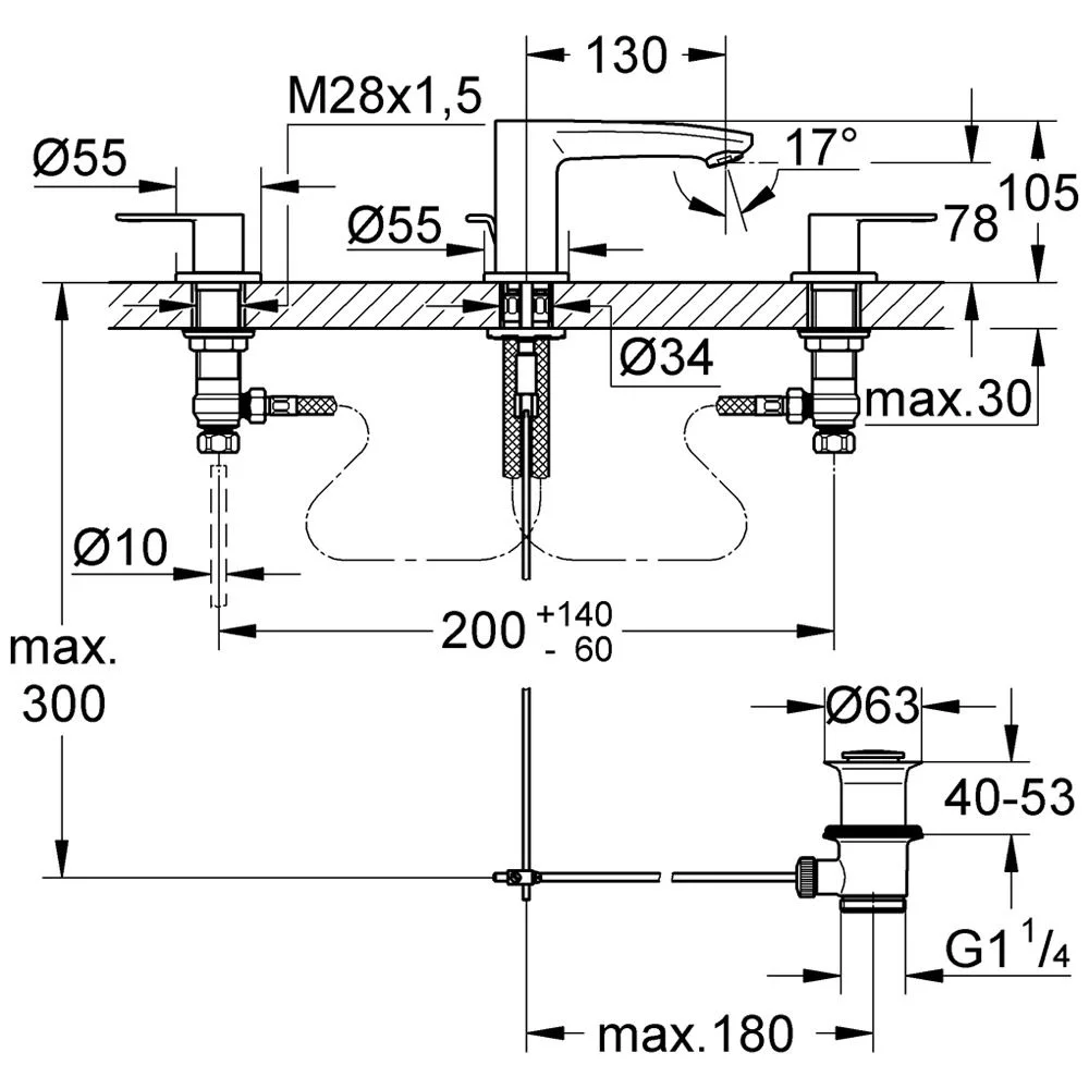 Rysunek techniczny baterii 3-otworowej z wymiarami, Grohe