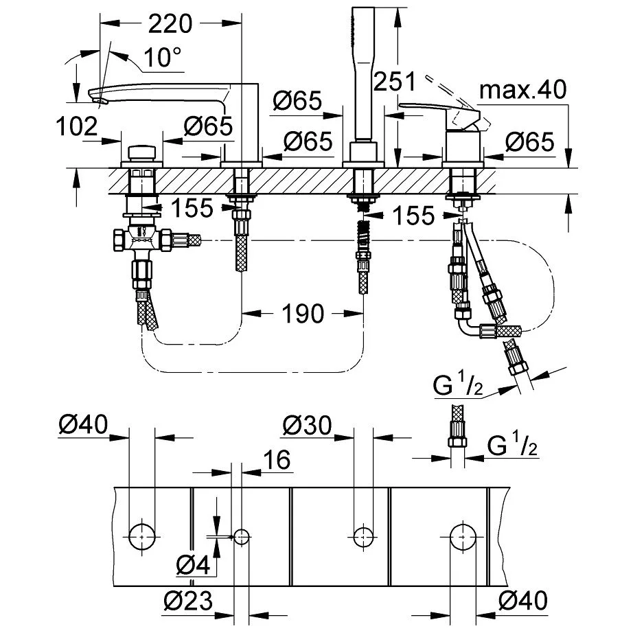 Rysunek techniczny baterii wannowej 4-otworowej, Grohe