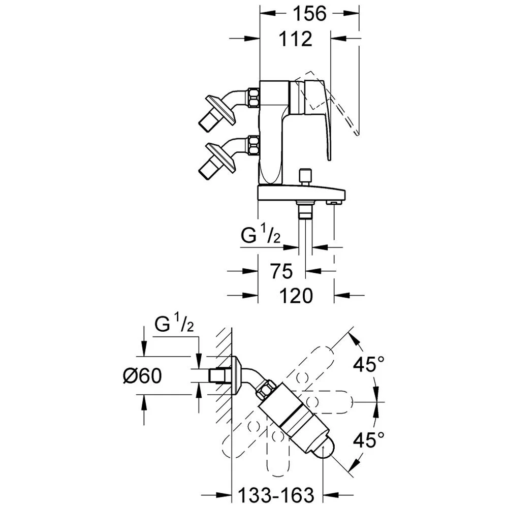 Rysunek techniczny armatury wannowej z wymiarami, Grohe