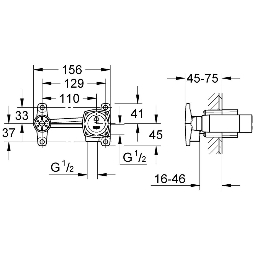 Rysunek techniczny mieszacza umywalkowego z wymiarami, Grohe