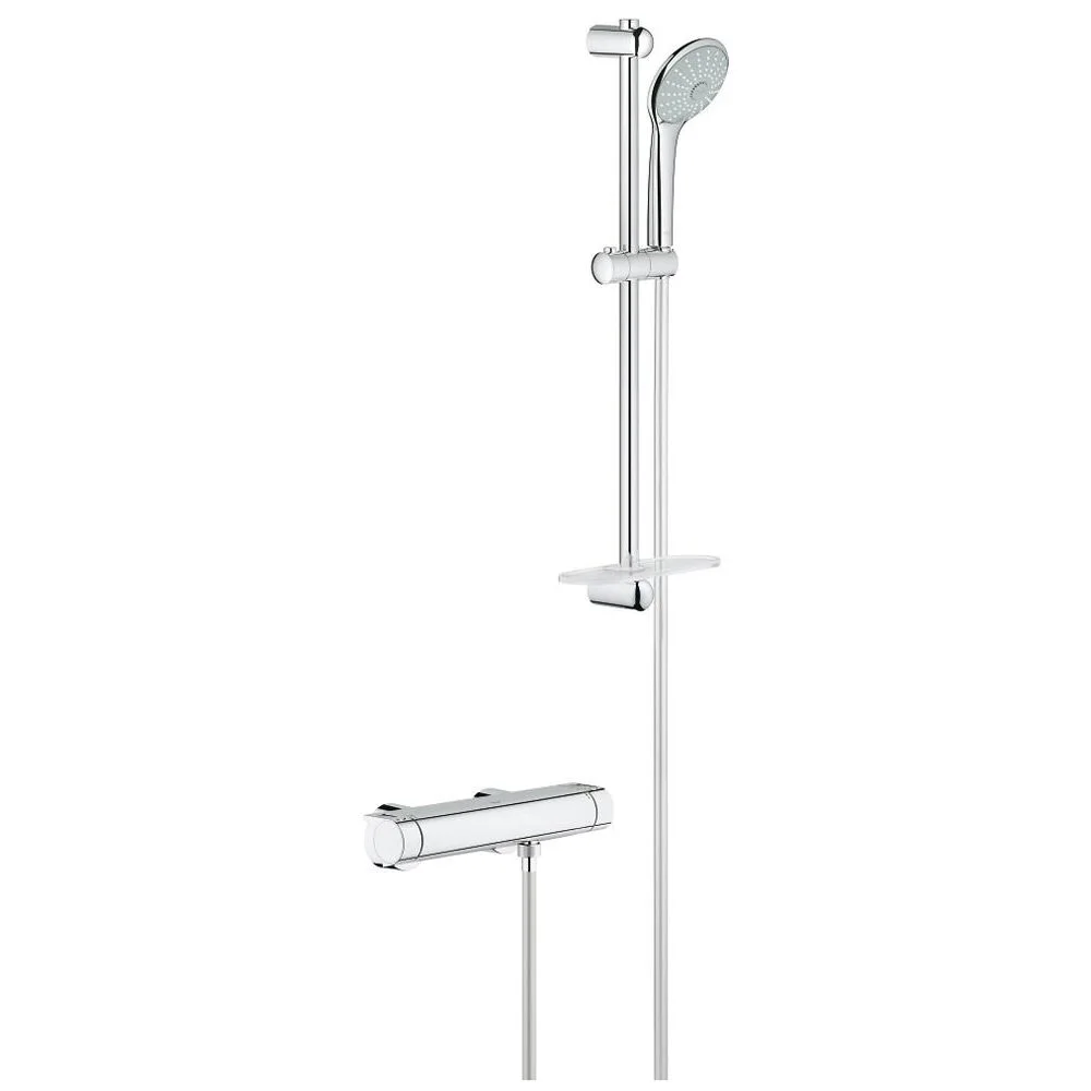 Chromowany system prysznicowy z termostatem widok z przodu, Grohe