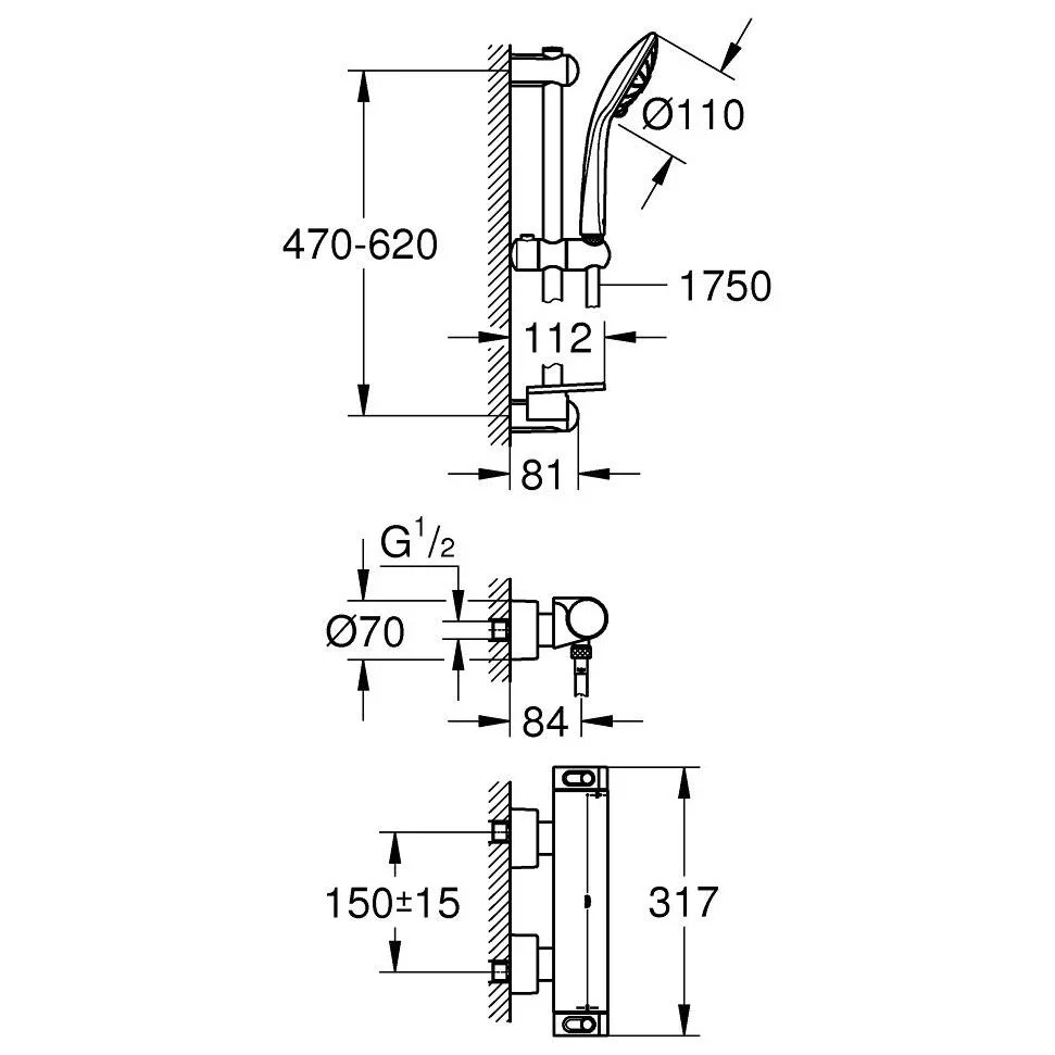 Rysunek techniczny systemu prysznicowego, Grohe