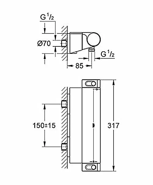 Rysunek techniczny termostatu natynkowego z wymiarami, Grohe