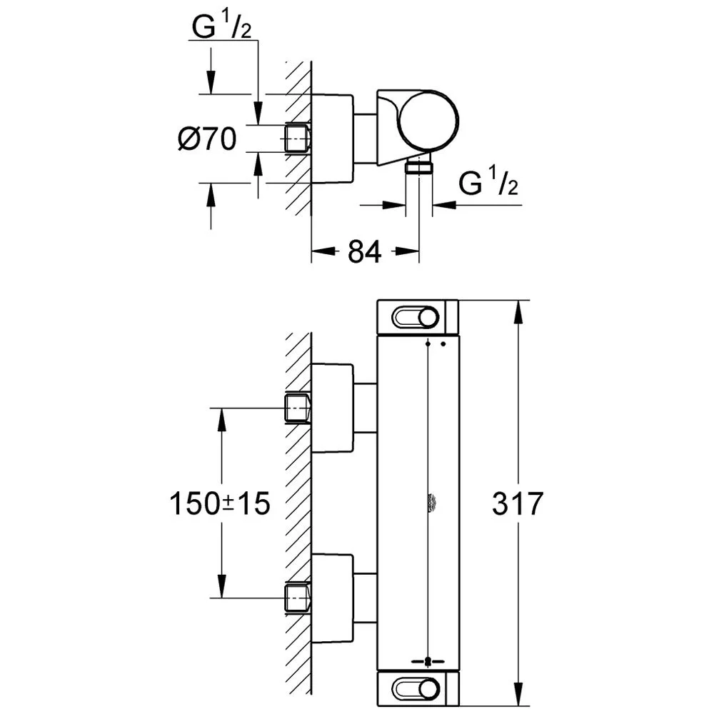Rysunek techniczny termostatu natynkowego, Grohe