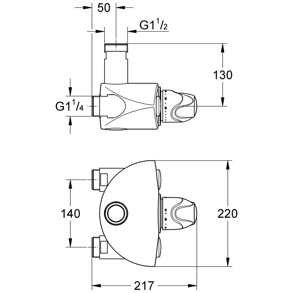 Rysunek techniczny termostatu natynkowego z wymiarami, Grohe