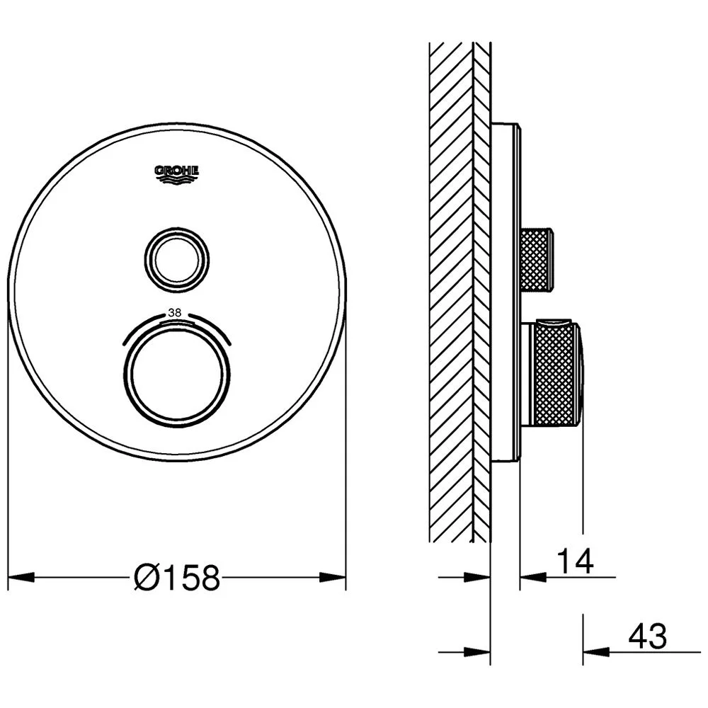 Rysunek techniczny okrągłego regulatora termostatu, Grohe