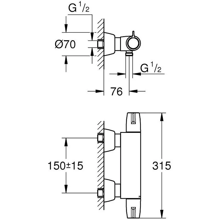 Rysunek techniczny baterii prysznicowej z wymiarami, Grohe